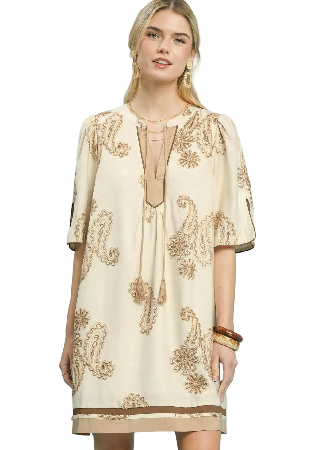Umgee Embroidered Split Neck Shift Dress – Women’s Boho Casual V‑Neck Dress