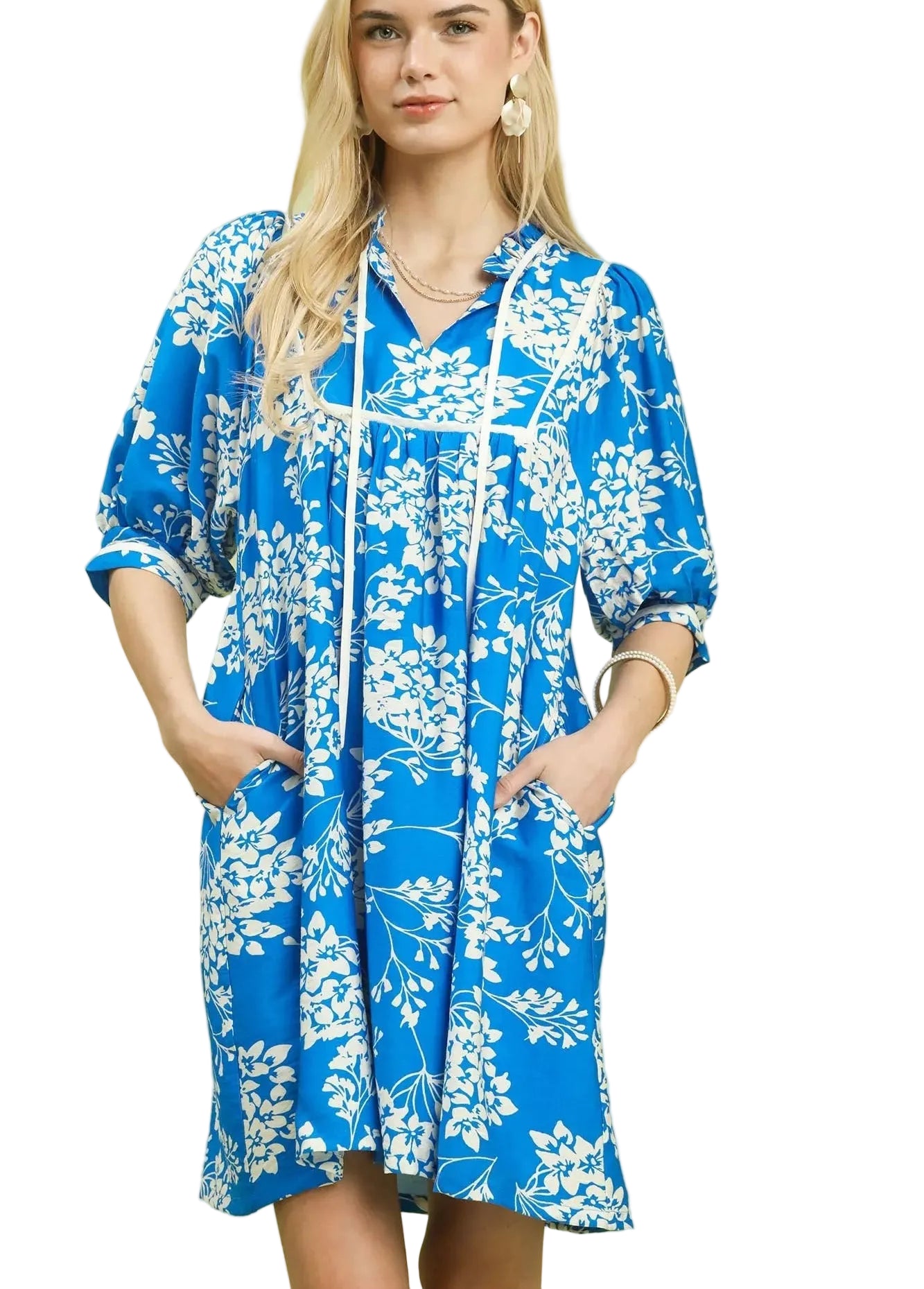 Umgee Floral Babydoll Dress with Pockets Women Boho Summer Casual S-L Blue