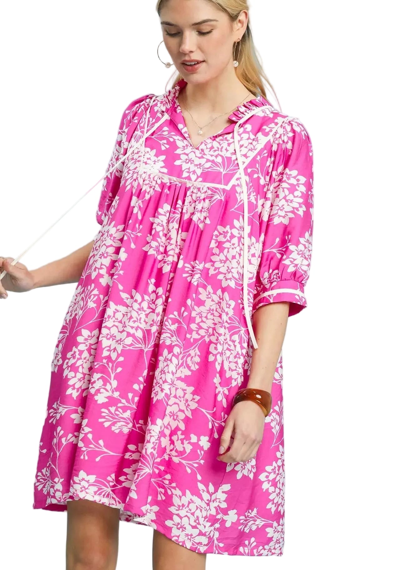 Umgee Floral Babydoll Mini Dress with Pockets Women’s Casual Peony Pink - Styleinger