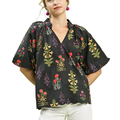 Umgee Floral Blouse Black V-Neck Puff Sleeve Casual Boho Ruffle Top