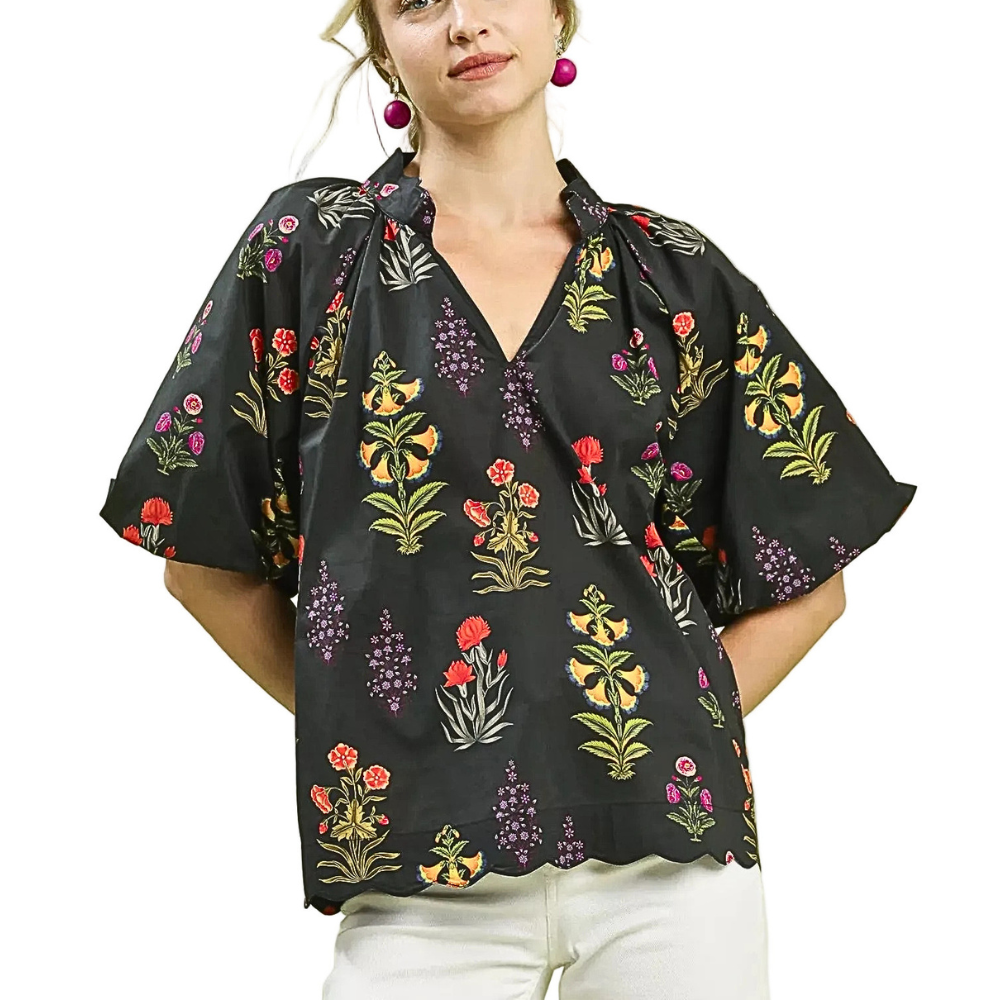 Umgee Floral Blouse Black V-Neck Puff Sleeve Casual Boho Ruffle Top