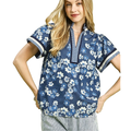 Umgee Floral Blouse Blue V-Neck Stripe Trim Short Ruffle Sleeve Casual Top