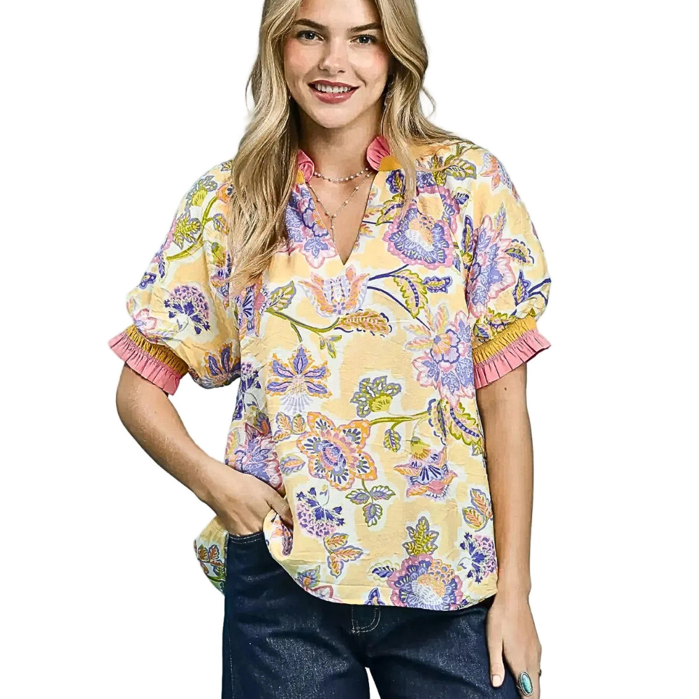 Umgee Floral Blouse Casual Ruffled V-Neck Short Sleeve Summer Boho Top