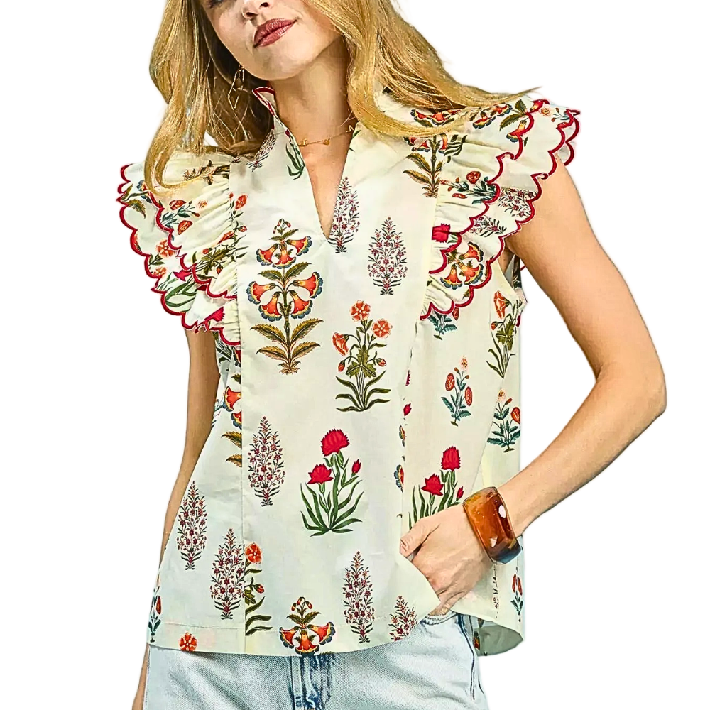 Umgee Floral Blouse Rufle Cream Cotton V-Neck Short Flutter Trim Sleeve Top