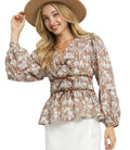 Umgee Floral Blouse Smocked Peplum with Tie Detail Women’s Floral Top Long Sleeve - Styleinger