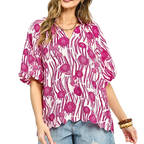 Umgee Floral Blouse V-neck Pink Curved Hem Puff Short Sleeve High-Low Top
