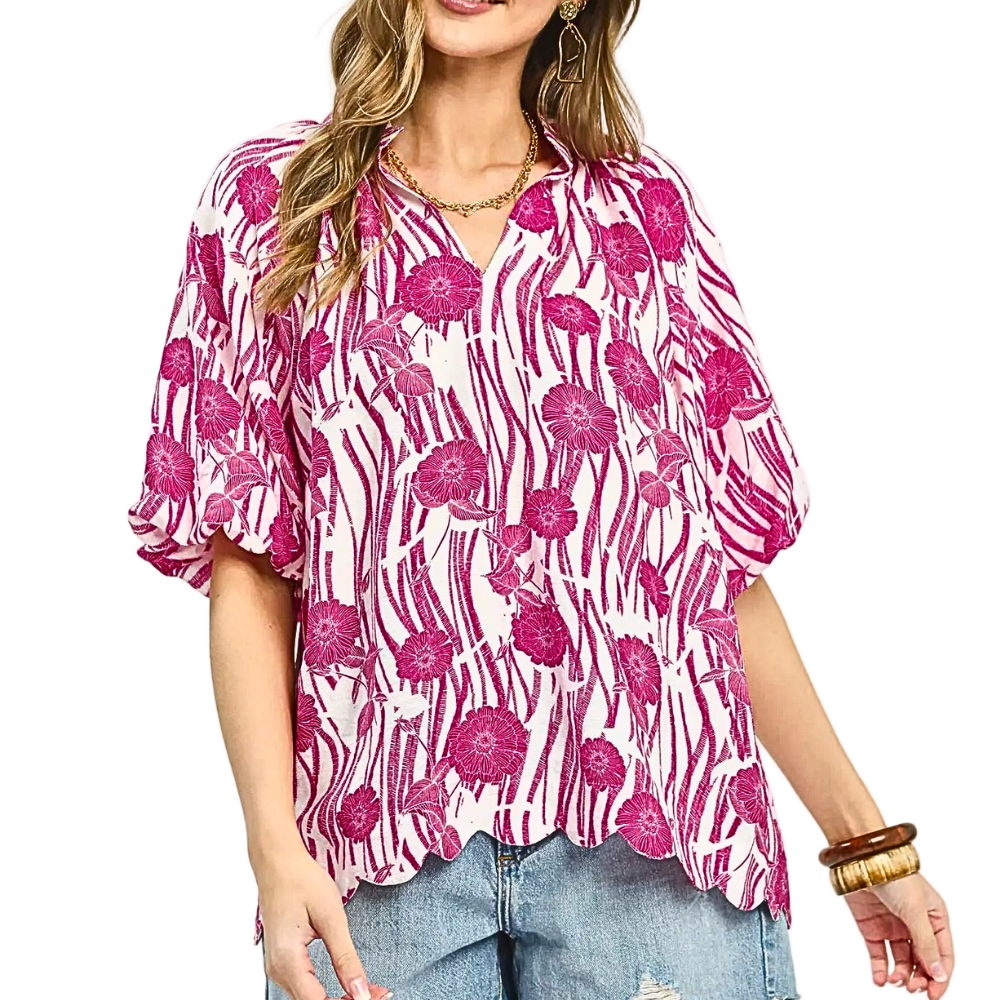 Umgee Floral Blouse V-neck Pink Curved Hem Puff Short Sleeve High-Low Top