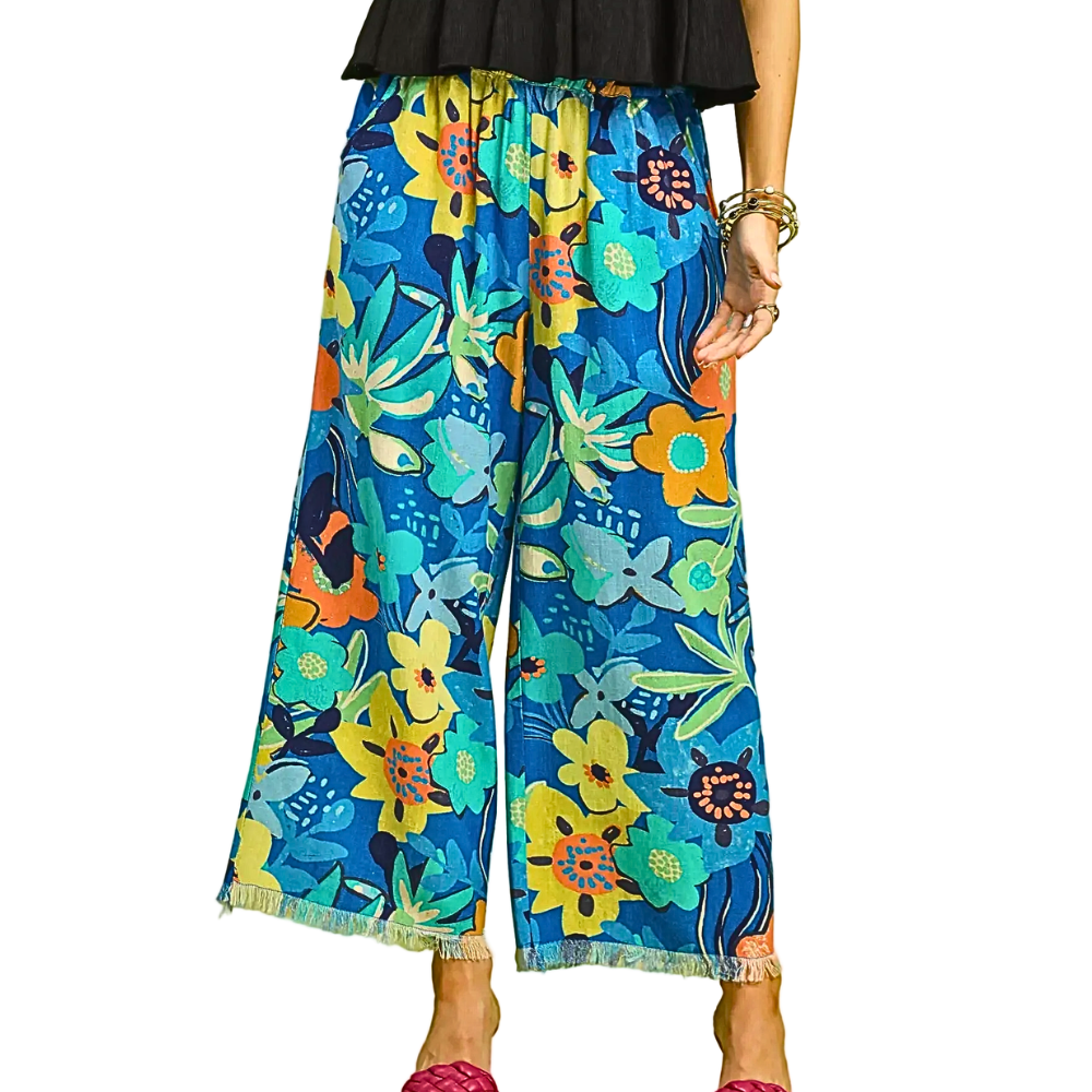 Umgee Floral Blue Wide Leg Pants Linen Raw Hem Elastic Waist Casual Loose Trousers