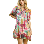 Umgee Floral Mini Dress V-Neck Tie Smocked Ruffle Layered Summer Short Sleeve