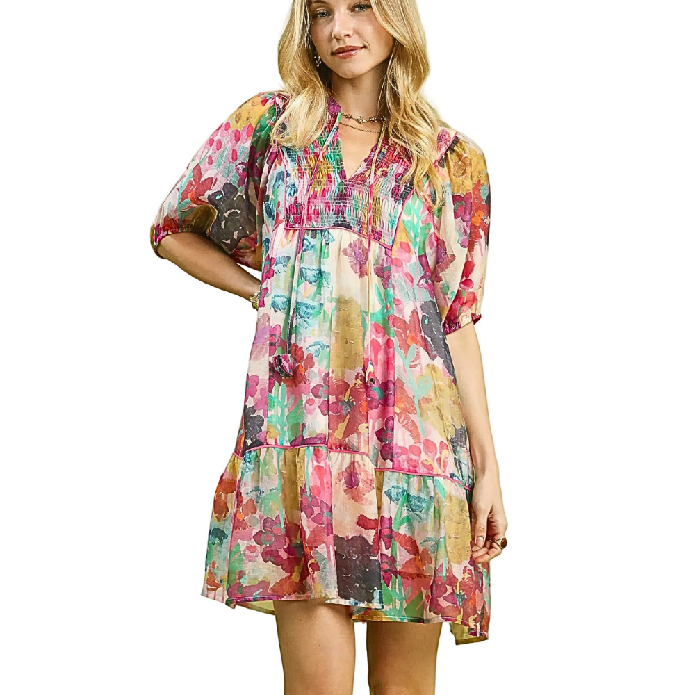 Umgee Floral Mini Dress V-Neck Tie Smocked Ruffle Layered Summer Short Sleeve