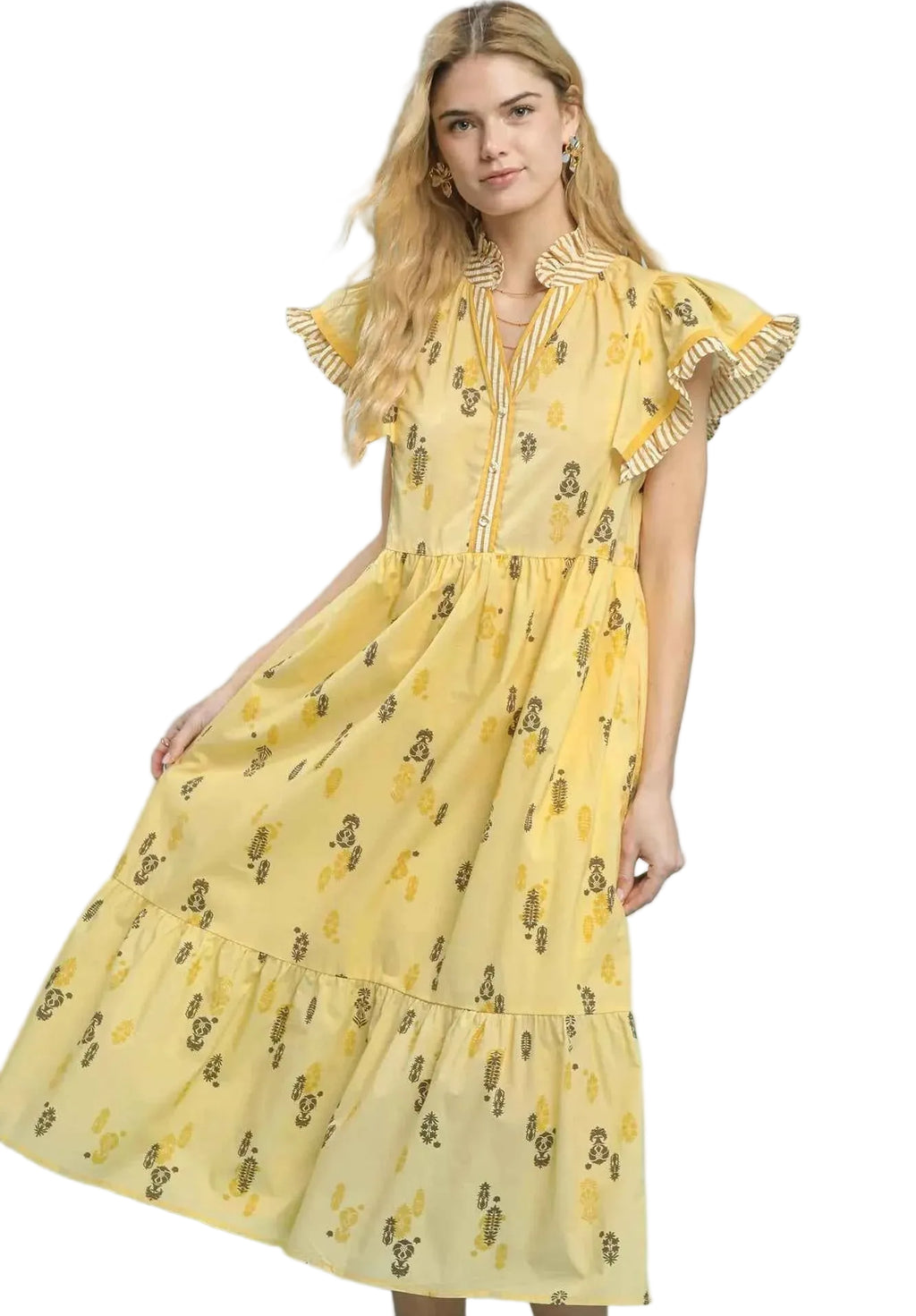 Umgee Floral Ruffle Sleeve Tiered Midi Dress Women Boho Summer Casual
