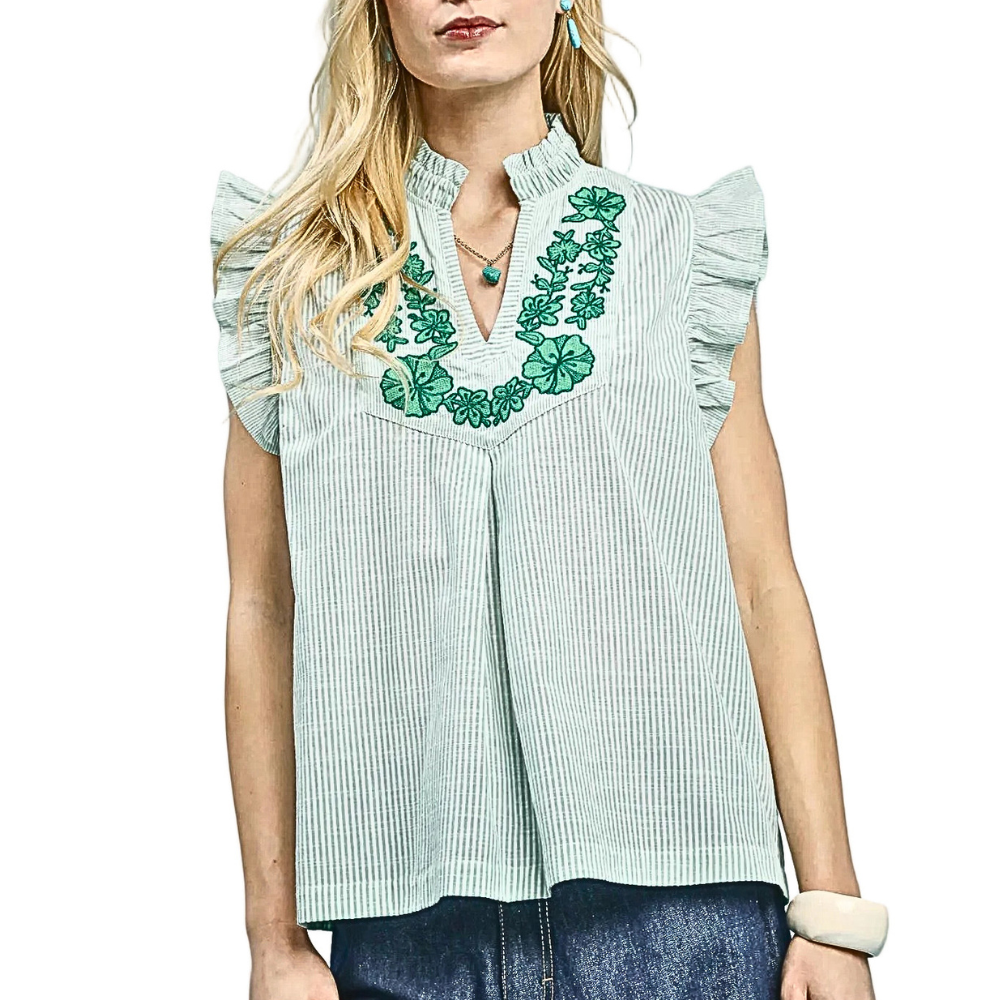 Umgee Green Striped Blouse Cotton Floral Embroidered V-Neck Ruffle Casual Top