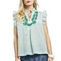 Umgee Green Striped Blouse Cotton Floral Embroidered V-Neck Ruffle Casual Top