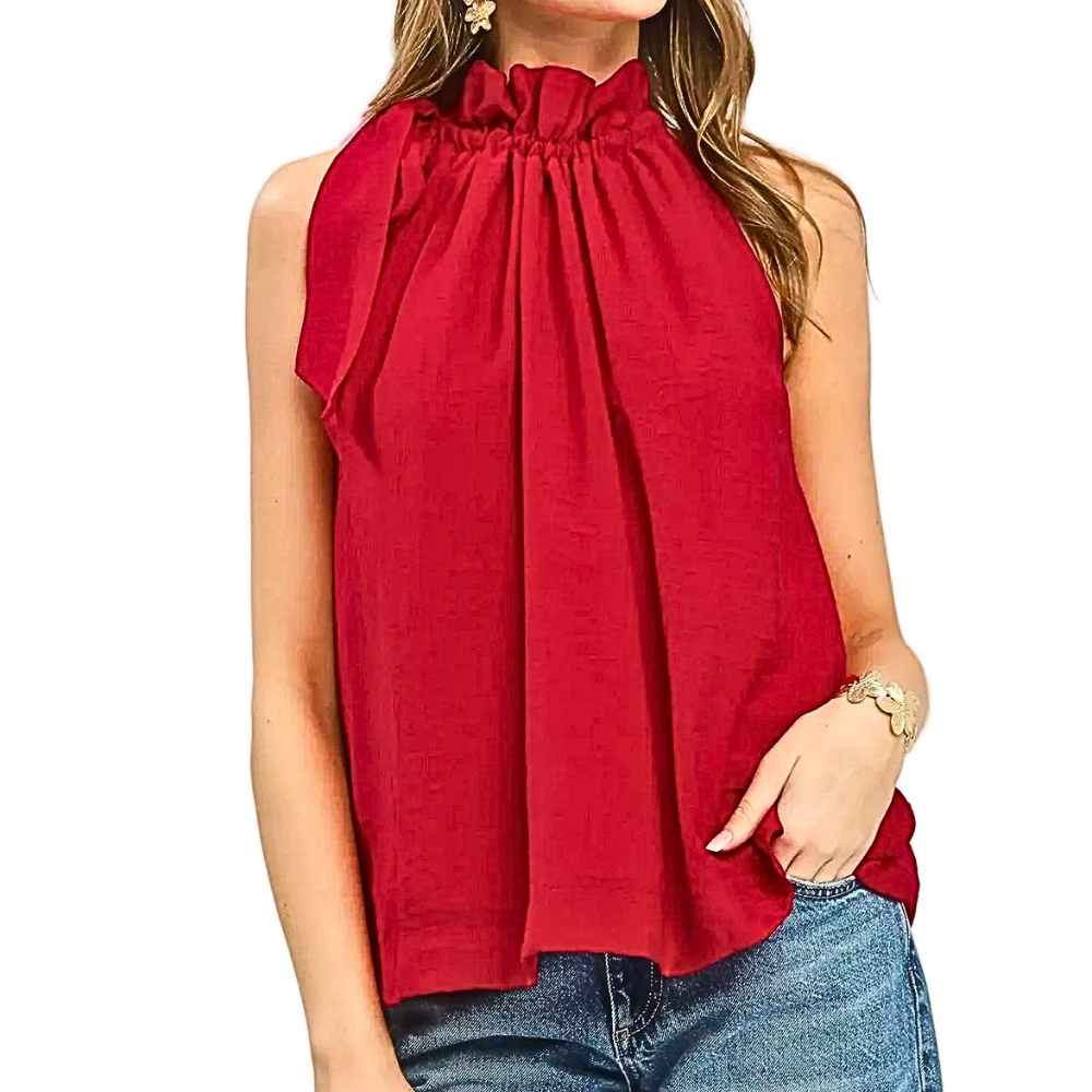 Umgee Halter Blouse Red Tie-Neck Ruffle Sleeveless Loose Casual Elegant Blouse