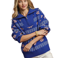 Umgee Knit Sweater 1/4 Zip Up Collar Blue Floral Stripe Long Sleeve Pullover