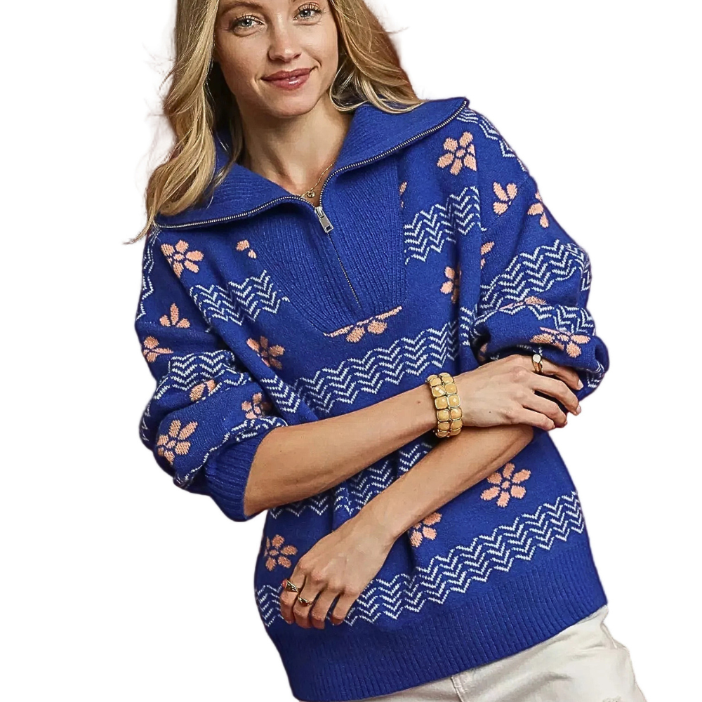 Umgee Knit Sweater 1/4 Zip Up Collar Blue Floral Stripe Long Sleeve Pullover