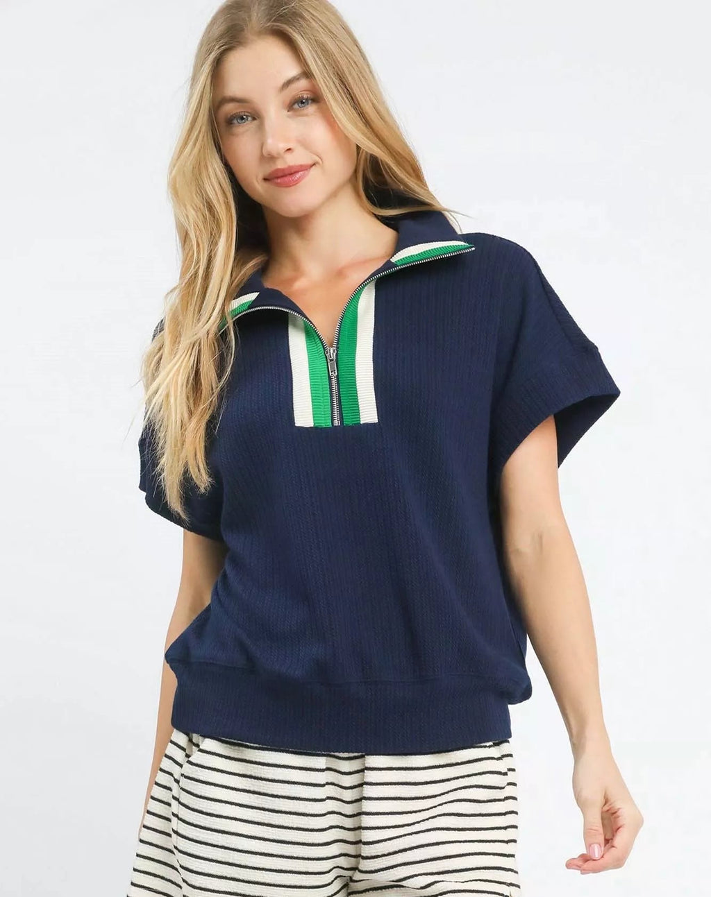 Umgee Knit Top Womens Navy Textured Striped Zip Collar T-shirt NAVY Umgee_Knit_Top_Womens_Navy_Textured_Striped_Zip_Collar_T-shirt Trendsi