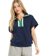 Umgee Knit Top Womens Navy Textured Striped Zip Collar T-shirt NAVY Umgee_Knit_Top_Womens_Navy_Textured_Striped_Zip_Collar_T-shirt Trendsi