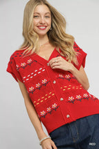 Umgee Knit Vest Womens Red Buttoned Sweater with Floral Pattern Red Umgee_Knit_Vest_Womens_Red_Buttoned_Sweater_with_Floral_Pattern Trendsi