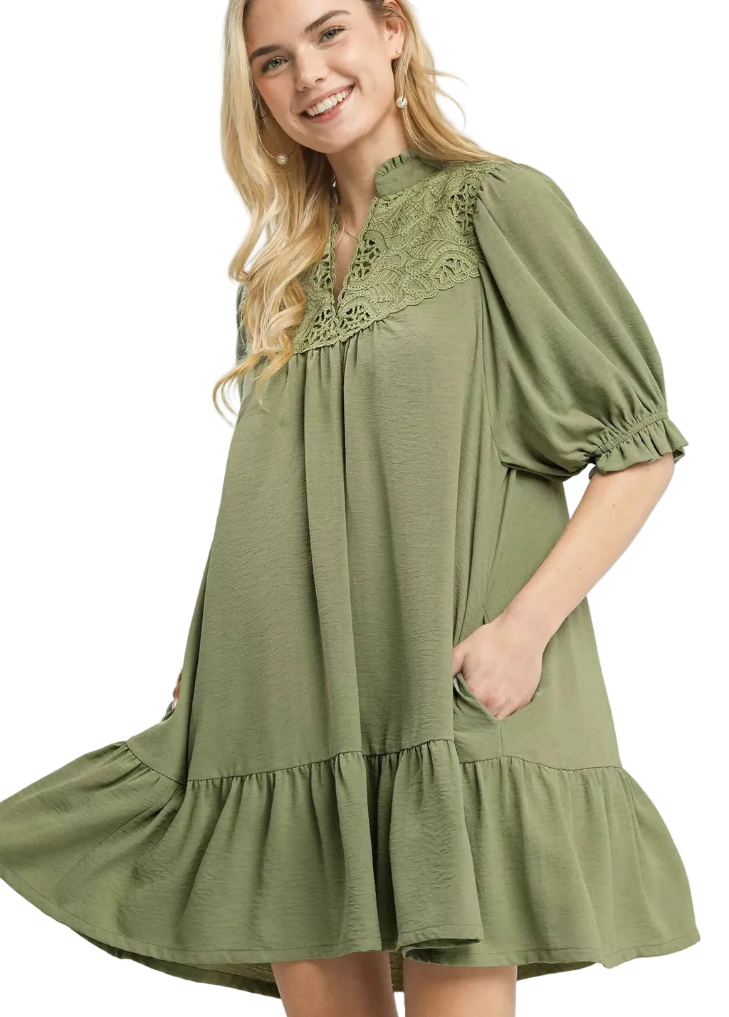 Umgee Lace Yoke Tiered Mini Dress Women Boho Floral Casual Summer S-L Green - STYLEINGER
