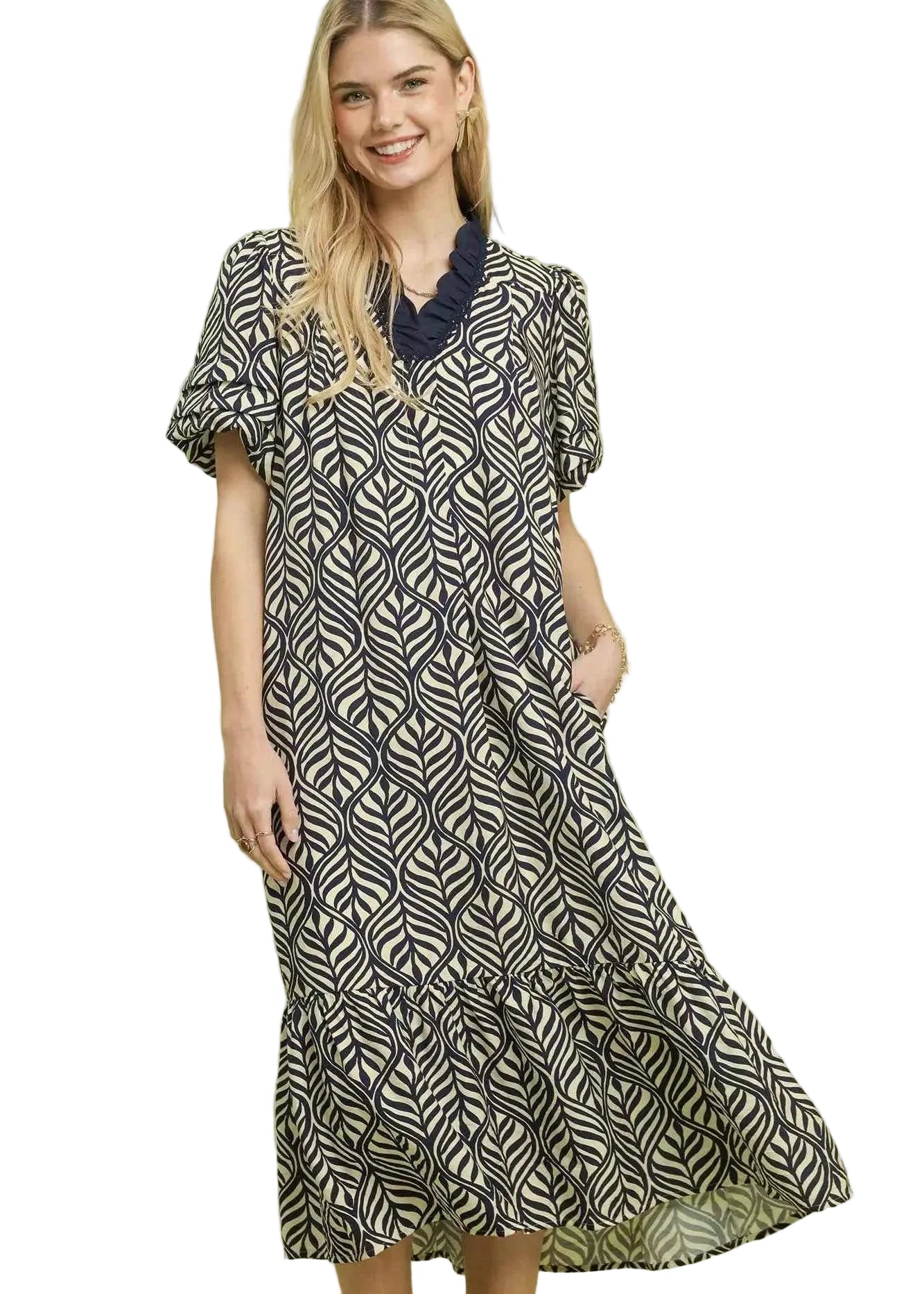 Umgee Leaf Print Ruffle Neck Midi Dress Navy Women Boho Summer Casual S‑L - STYLEINGER