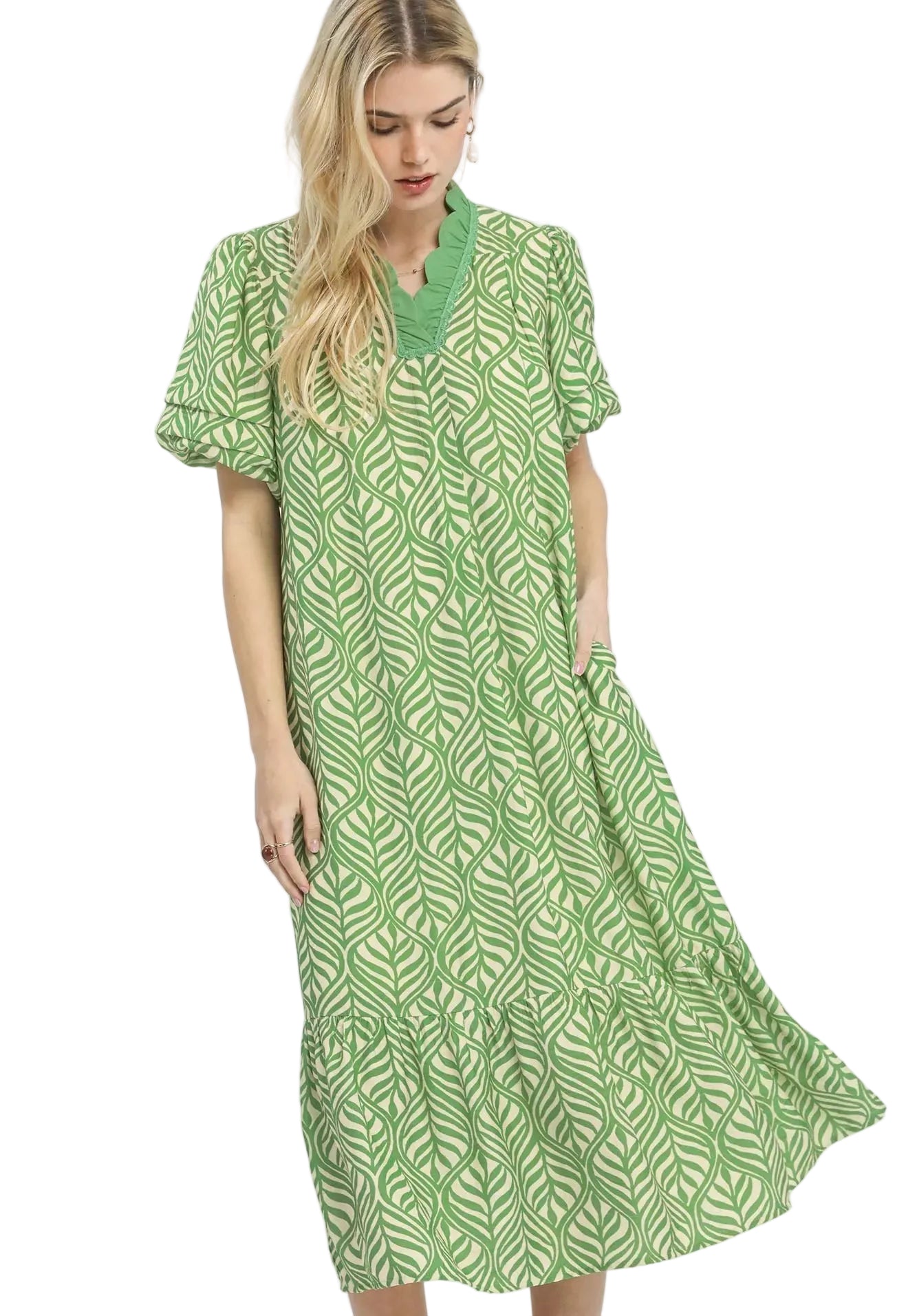 Umgee Leaf Print Ruffle Neck Midi Dress