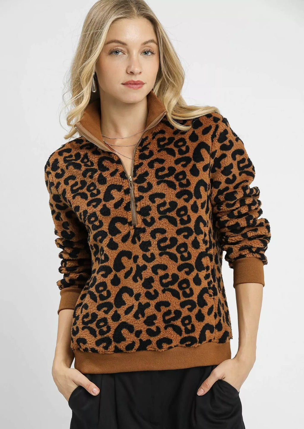 Umgee Leopard Print Sweatshirt Women's Quarter-Zip Collared Soft Top Camel Umgee_Leopard_Print_Sweatshirt_Women_s_Quarter-Zip_Collared_Soft_Top Trendsi