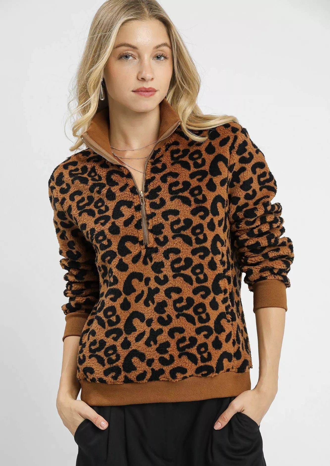 Umgee Leopard Print Sweatshirt Women's Quarter-Zip Collared Soft Top Camel Umgee_Leopard_Print_Sweatshirt_Women_s_Quarter-Zip_Collared_Soft_Top Trendsi