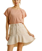 Umgee Linen A‑Line Mini Skirts Blend High‑Low with 5 Pockets Frayed Hem - Styleinger