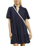 Umgee Linen Babydoll Dress Navy Tiered with Scalloped Sleeves Women’s Mini Dress - Styleinger