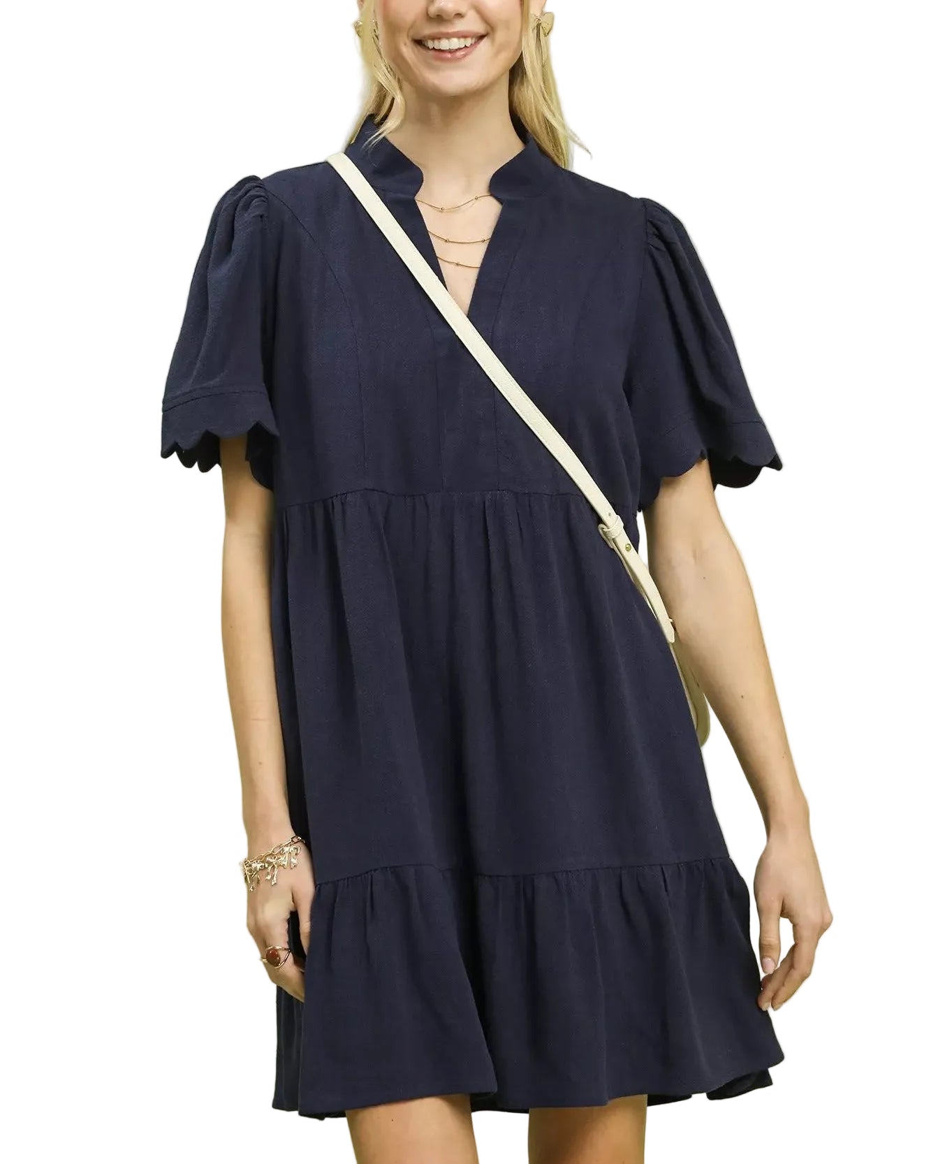 Umgee Linen Babydoll Dress Navy Tiered with Scalloped Sleeves Women’s Mini Dress - Styleinger