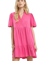 Umgee Linen Babydoll Dress Pink Tiered with Scalloped Sleeves Women Casual Dress - Styleinger