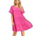 Umgee Linen Babydoll Mini Dress Pink Ruffle layered Round Neck Short Flare Sleeve