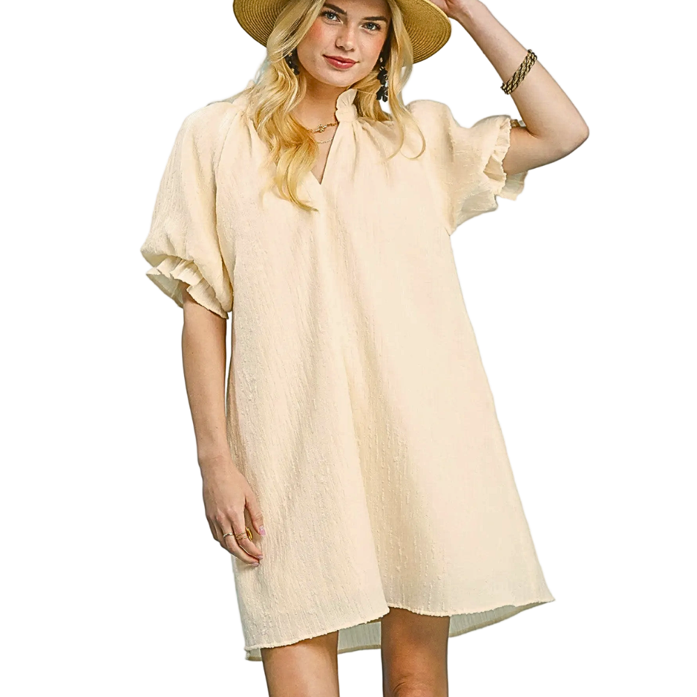Umgee Linen Blend Mini Dress V-Neck Ruffle Casual Cream Ballon Short Sleeve
