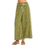 Umgee Linen Pants Bow Embroidered Drawstring Wide Leg Summer Trousers