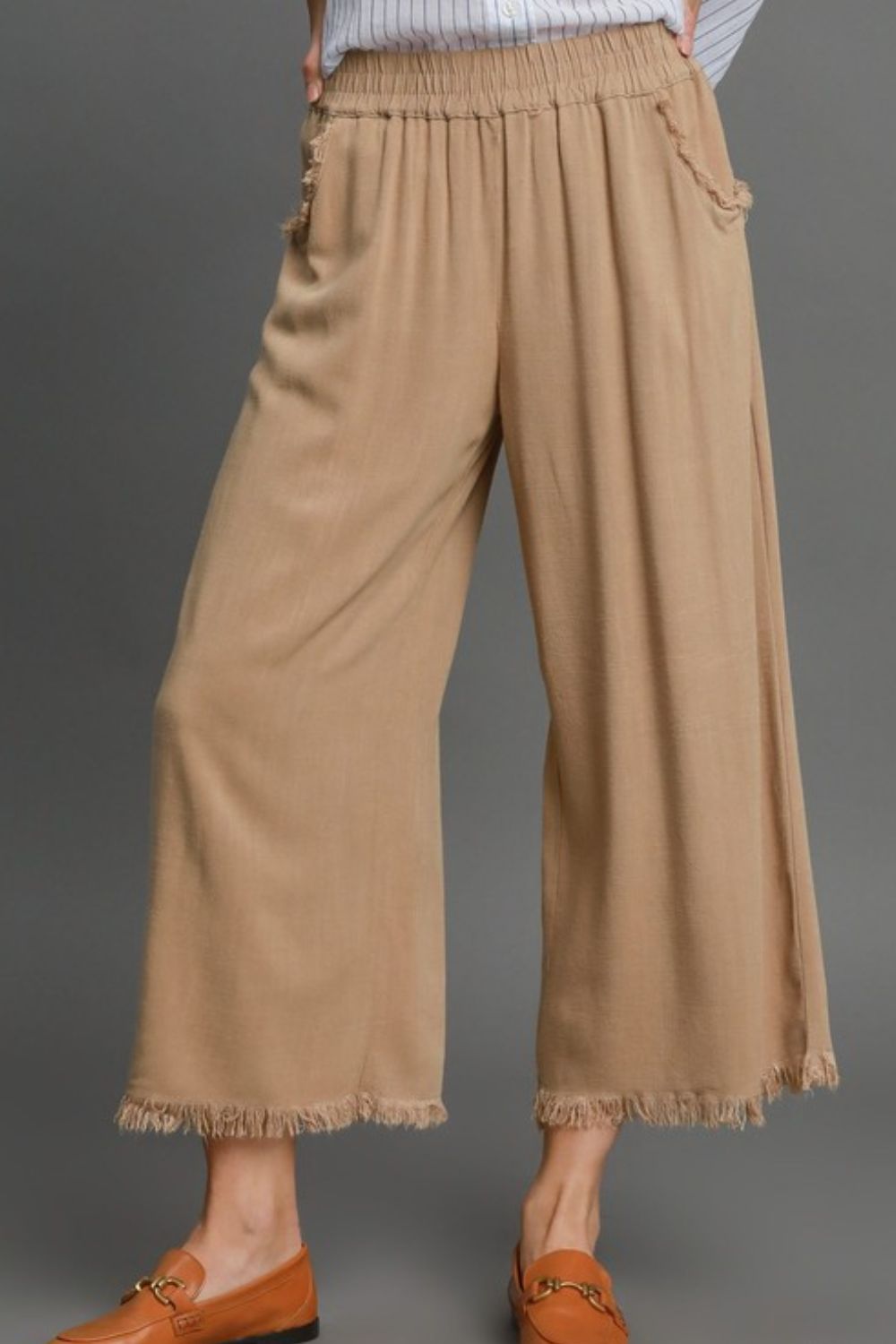 Umgee Linen Blend Pants Elastic Waistband Camel Wide Leg Raw Hem Camel Umgee_Linen_Blend_Pants_Elastic_Waistband_Camel_Wide_Leg_Raw_Hem Trendsi