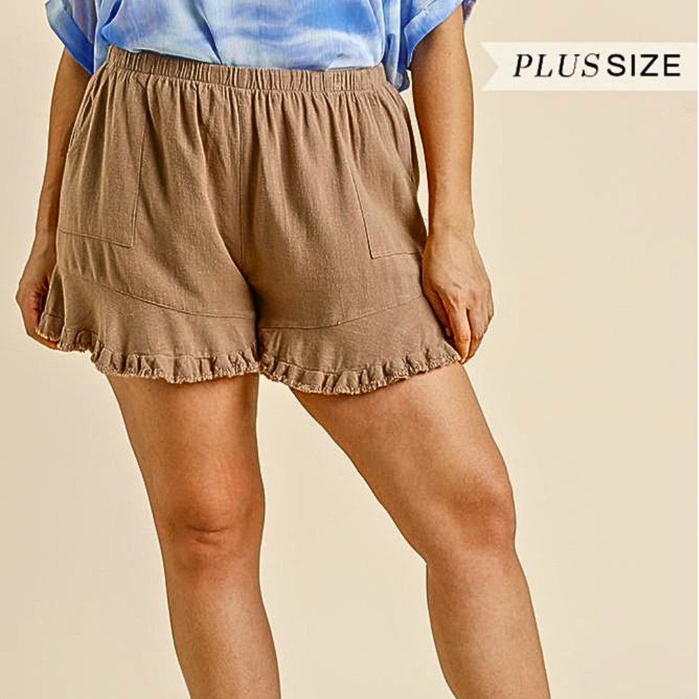 Umgee Linen Blend Shorts Plus Size Ruffle Hem Elastic Waist with Pockets