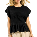 Umgee Linen Blouse Black Smocked Peplum Ruffled Short Sleeve Round Neck Top