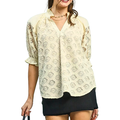 Umgee Linen Blouse Floral Lace V-Neck Ecru Ruffle Short Puff Sleeve Casual Top