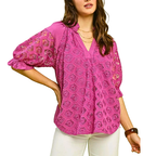 Umgee Linen Blouse Floral Lace V-Neck Pink Ruffle Short Puff Sleeve Casual Top