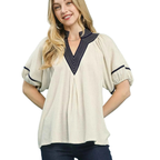 Umgee Linen Blouse V-Neck Contrast Trim Short Puff Sleeve Casual Top