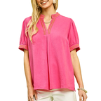Umgee Linen Blouse V-Neck Lace Embroidered Trim Pink Puff Short Sleeve Top