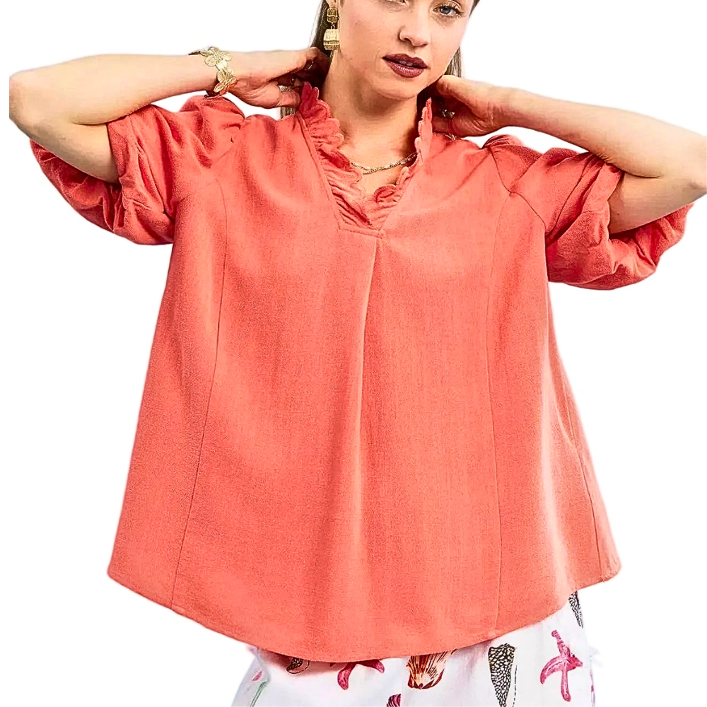 Umgee Linen Blouse  V‑Neck Ruffle Scallop Trim Coral Casual Tunic Top Short Sleeve