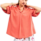 Umgee Linen Blouse  V‑Neck Ruffle Scallop Trim Coral Casual Tunic Top Short Sleeve