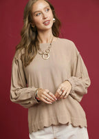 Umgee Linen Blousec Latte Brown Scallop Hem Long Sleeve Womens Top LATTE Umgee_Linen_Blousec_Latte_Brown_Scallop_Hem_Long_Sleeve_Womens_Top Trendsi