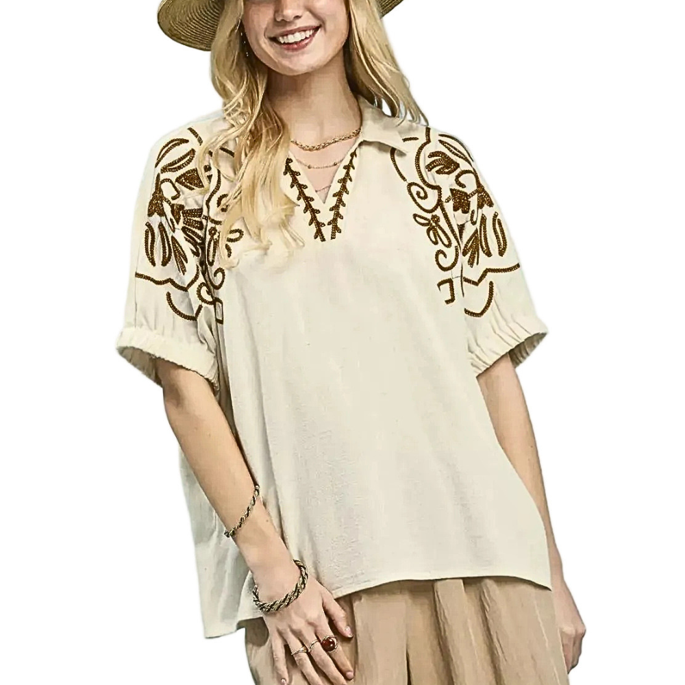 Umgee Linen Cotton Blouse Floral Embroidered Sleeve V-Neck Casual Top