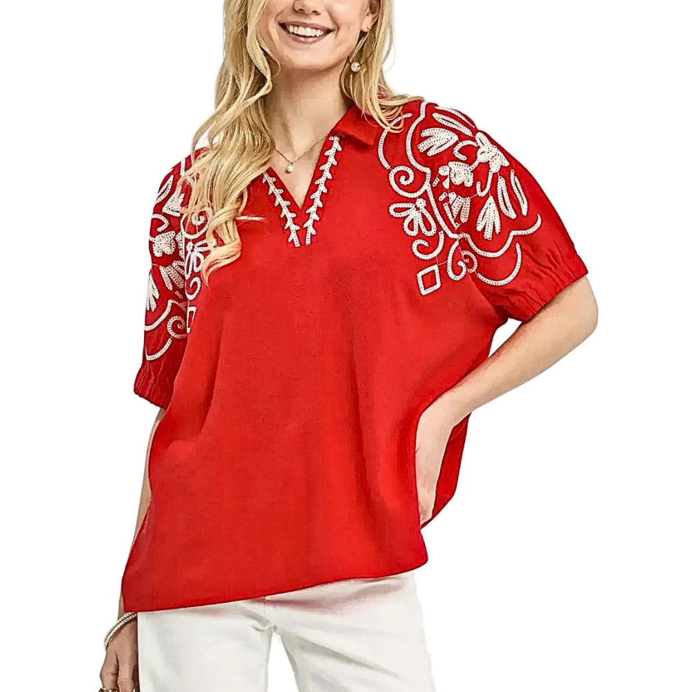 Umgee Linen Cotton Blouse Red Floral Embroidered Sleeve V-Neck Casual Top