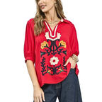 Umgee Linen Cotton Blouse Red Floral Embroidered V-Neck Stripe Trim Boho Top