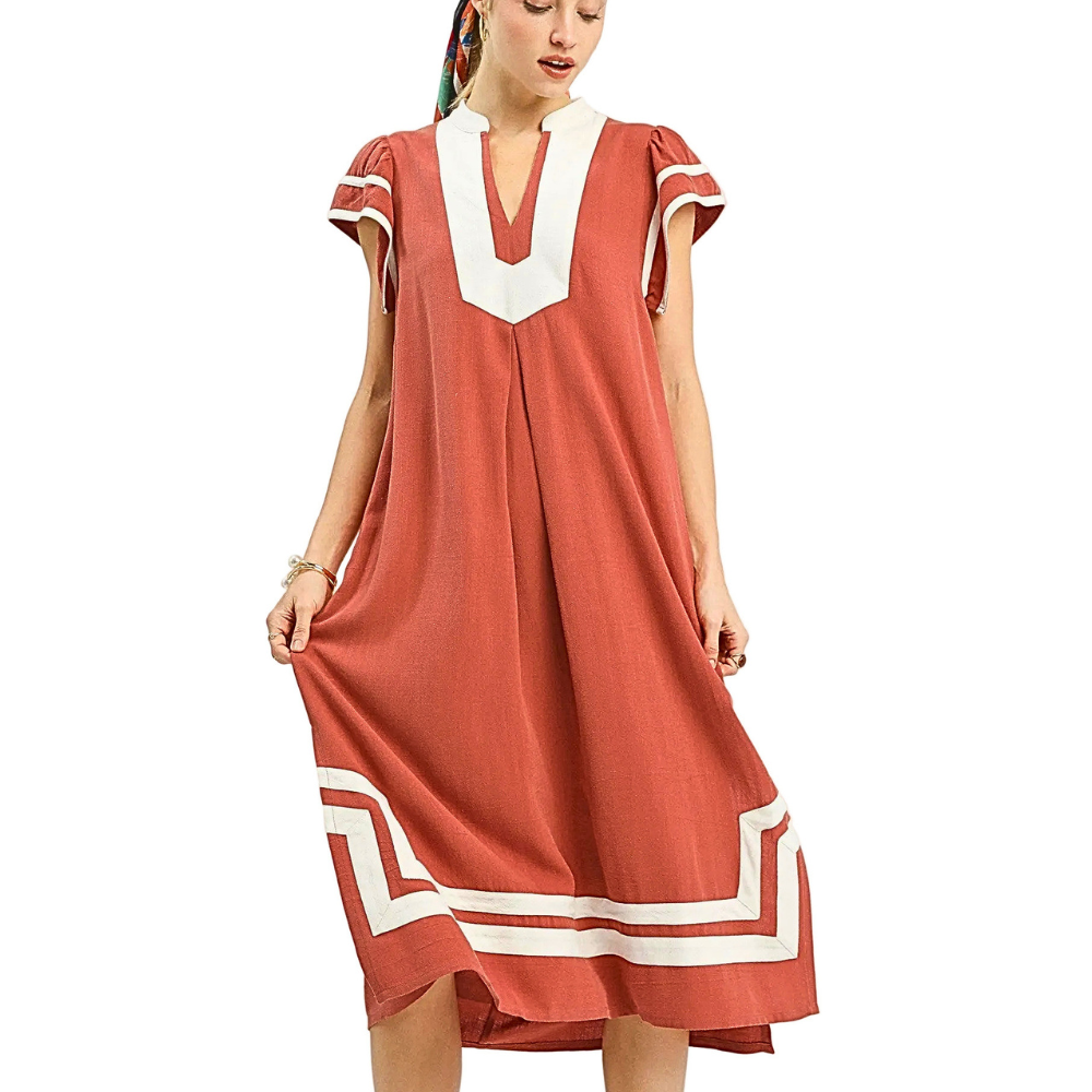 Umgee Linen Cotton Midi Dress V-Neck Contrast Stripe Ruffle Short Sleeve with Pockets