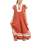Umgee Linen Cotton Midi Dress V-Neck Contrast Stripe Ruffle Short Sleeve with Pockets